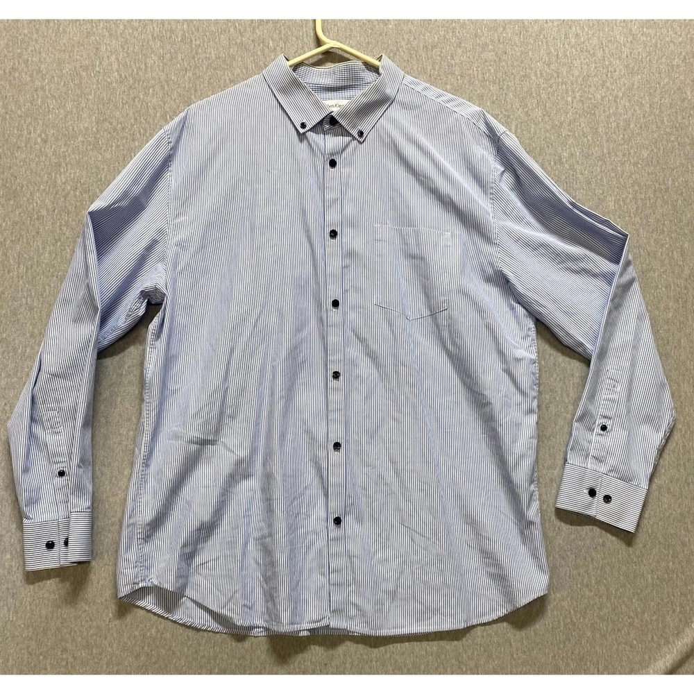 Calvin Klein Shirt Mens XL Blue White Cotton Striped Button Down Casual Wear